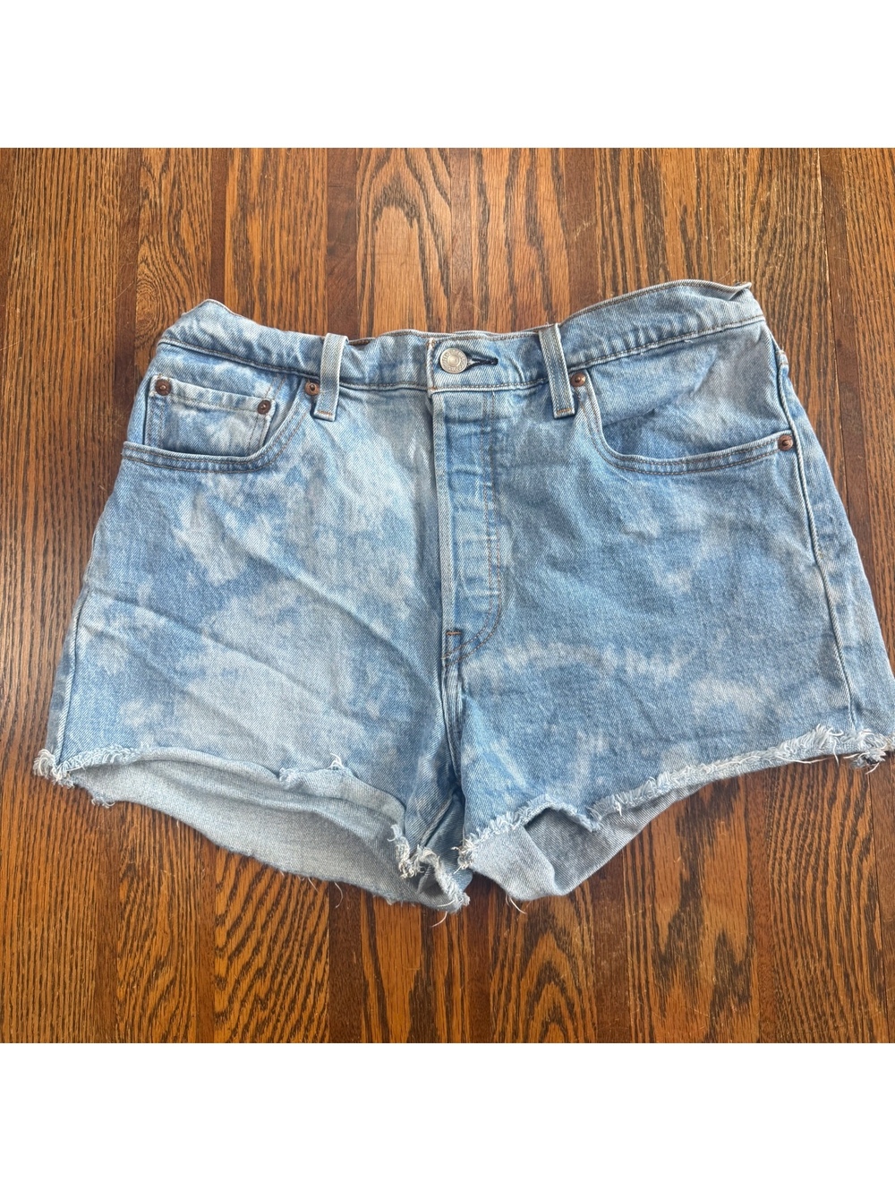 Levis 501 Jean Shorts Womens W29 Blue Acid Wash Button Fly Cut Off Denim Fray